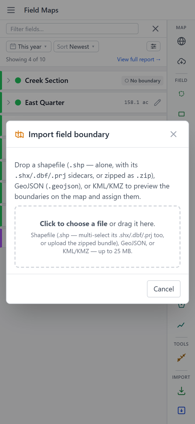The Import field boundary window asking for a shapefile, GeoJSON, or KML file