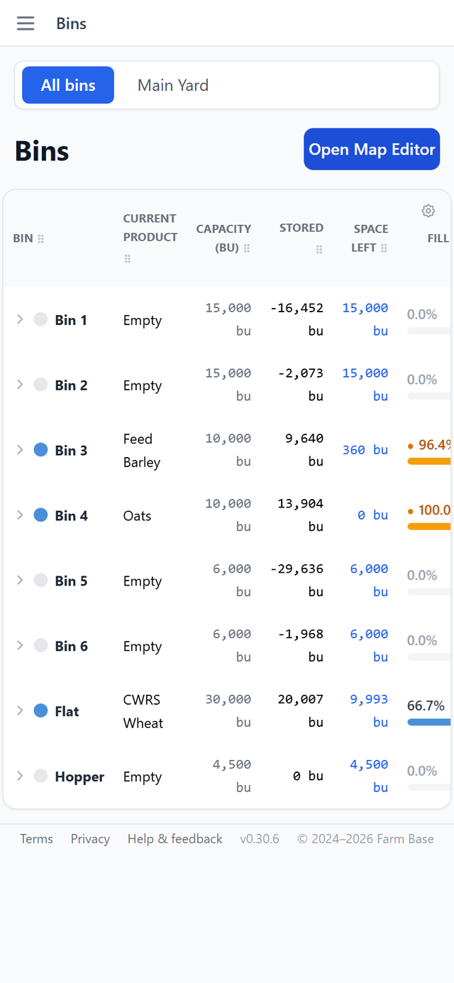 The Bins page with fill bars