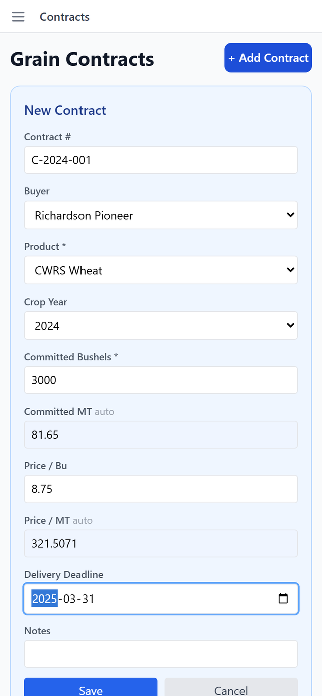 The Add Contract form filled in on a phone