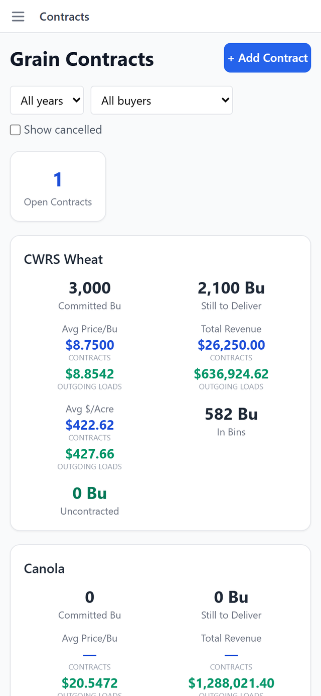 The Contracts page showing committed bushels and still to deliver
