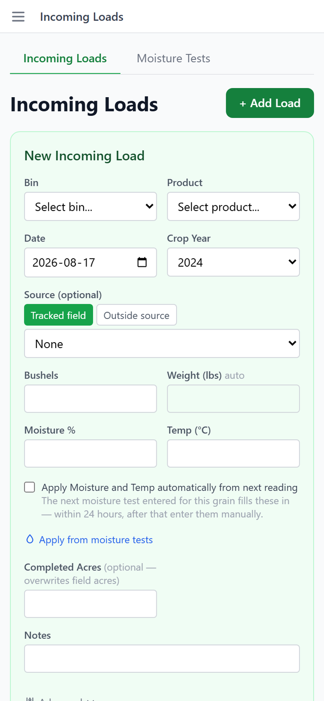 The Add Load form on the Incoming Loads page