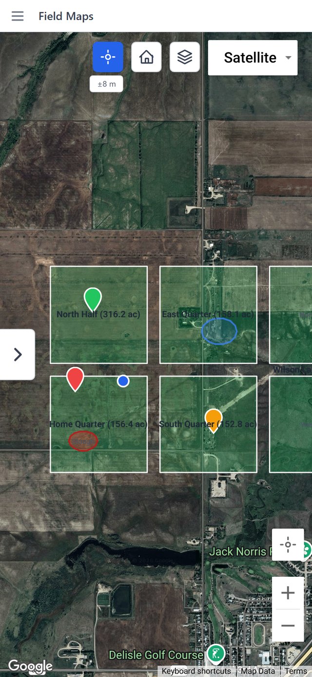 The Field Maps page showing field boundaries, markers, and a GPS dot on satellite imagery