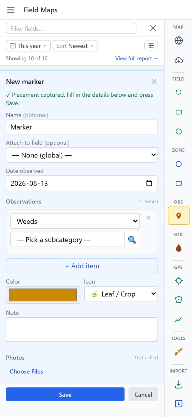 The new marker form with a category picked and the subcategory search below it