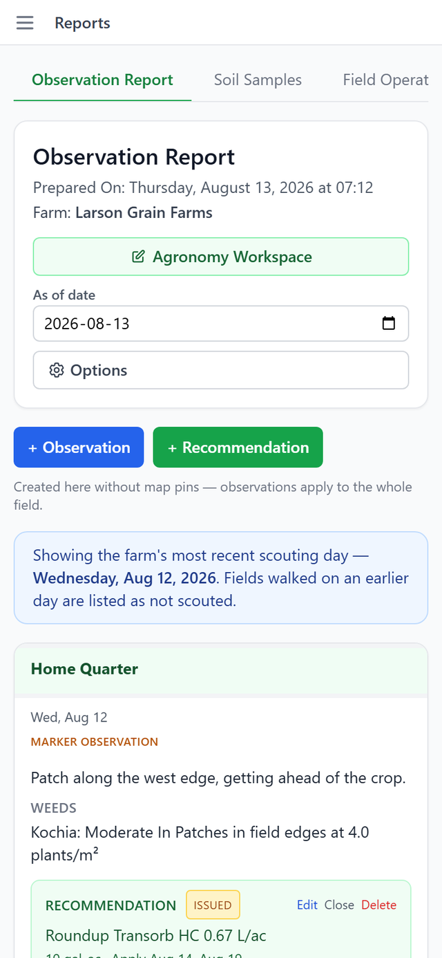The Observation Report page with its date filter, Options button, and an observation entry