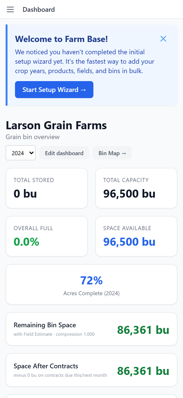 The Farm Base dashboard on a phone