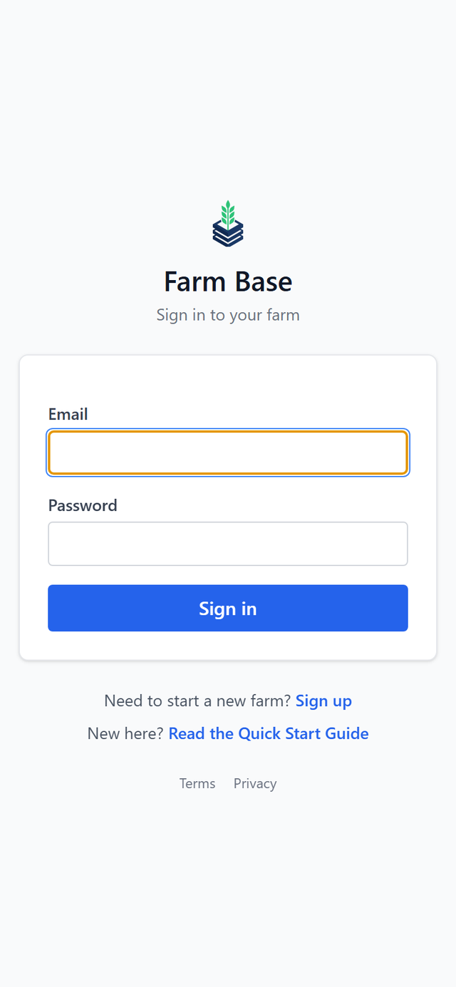 The Farm Base sign-in screen on a phone