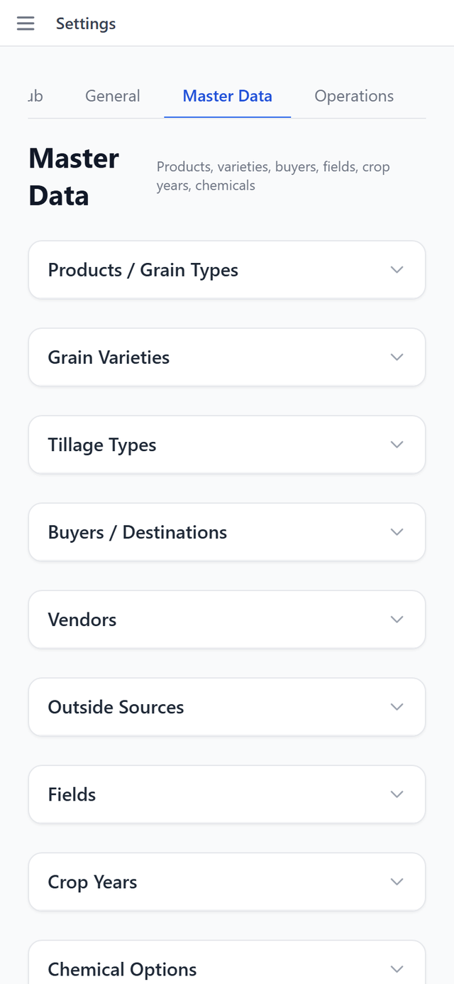 The Settings Master Data page