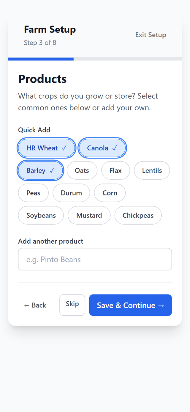 The Products step with Wheat, Canola and Barley selected