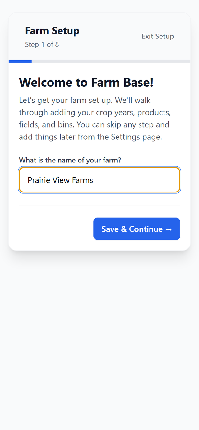 Step 1 of the setup wizard asking for the farm name